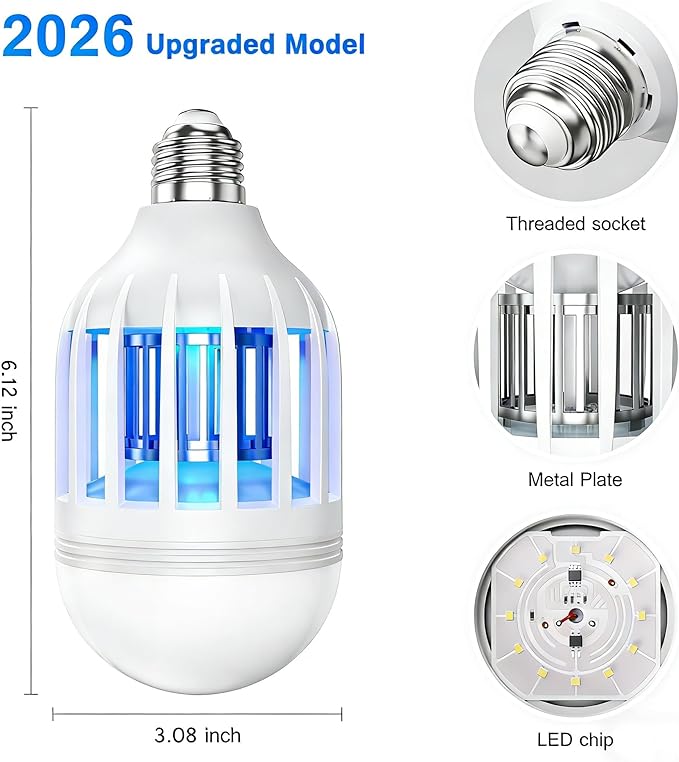 Bug Zapper Light Bulb, 2 in 1 Mosquitoes Killer Lamp Led Electronic Insect & Fly Killer, Porch Light for Entryway, Doorway, Corridor, Balcony and Patio (White)