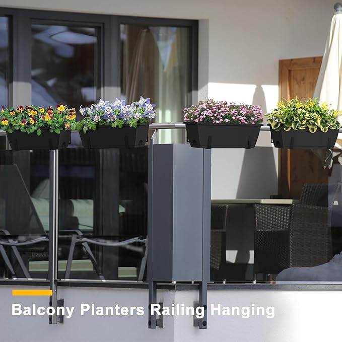 Balcony Planters Railing Hanging, Deck Railings Planter Boxes 16.9in, Railing Planter Box, Deck Planters for Railings, Railing Flower Box with Metal Brackets, Black (4Pcs)