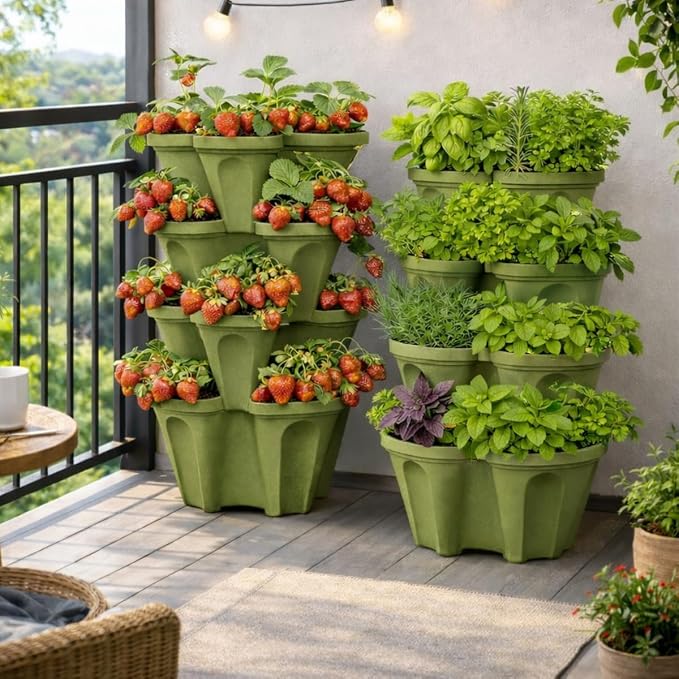 Strawberry Planter Tower, 4 Tier Stackable Vertical Planter, 16 Plant Sites, Space Saving Garden Planter, Indoor Outdoor, Made in USA (4, Sagebrush Green, Small)