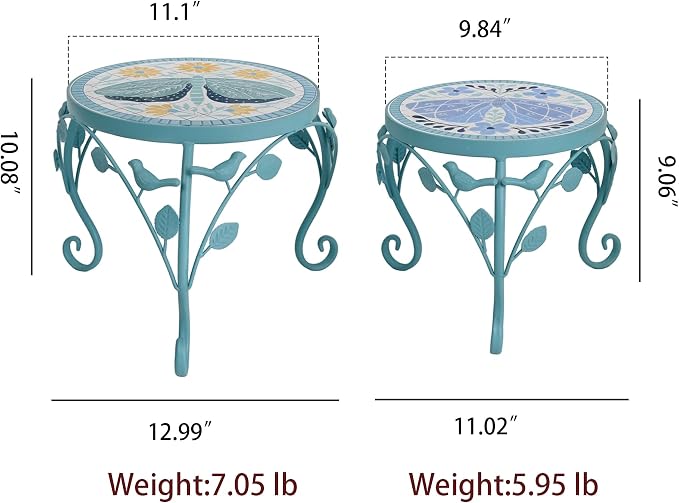 Set of 2 Plant Stand for Indoor Outdoor, Heavy Duty Cast Iron with 10" Ceramic Tile Top Plant Table, Tall Vintage Decorative Plant Rack, Mosaic Flower Pot Holder for Home Garden Porch Yard Patio