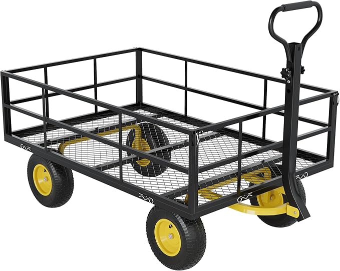 Heavy Duty Steel Garden Cart, 1200 Lbs Garden Wagon with 13" All Terrain Tires, 3-in-1 Metal Utility Wagon with Removable Mesh Side Panels and 180° Rotating Handle for Yard, Lawn and Garden
