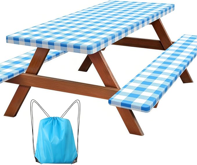 Picnic Table Cover with Bench Covers, Fitted 6ft Waterproof Tablecloth Set for Outdoor Camping & RV - Includes 1 Table Cover & 2 Bench Covers with Drawstring Storage Bag, 30"x72", White Blue Grid