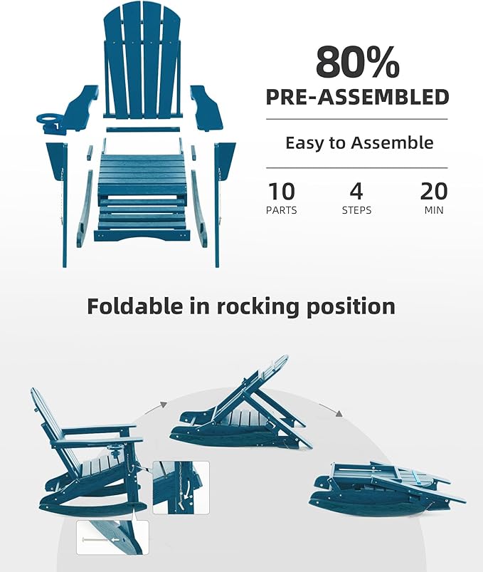 Folding Adirondack Rocking Chair Set of 4,4-in-1 Multifunctional Patio Chairs with Retractable Ottoman, Outdoor Chairs Wood Texture, Lawn Chair for Porch, Backyard, Pool(Navy Blue)
