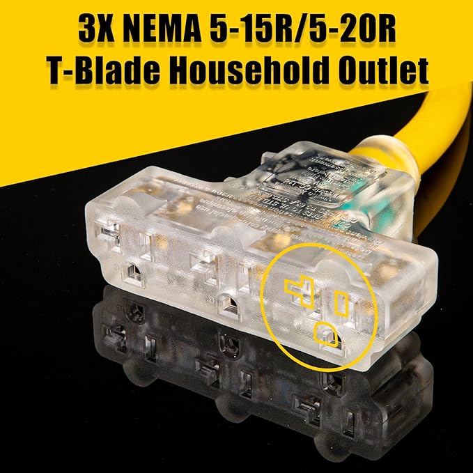 30 Amp to 110 Outdoor Generator Adapter Power Cord with Circuit Breaker, 3 Prong Locking 30 Amp to 15 Amp Generator Cord, NEMA L5-30P Male to 3X 5-20R Female, ETL Listed