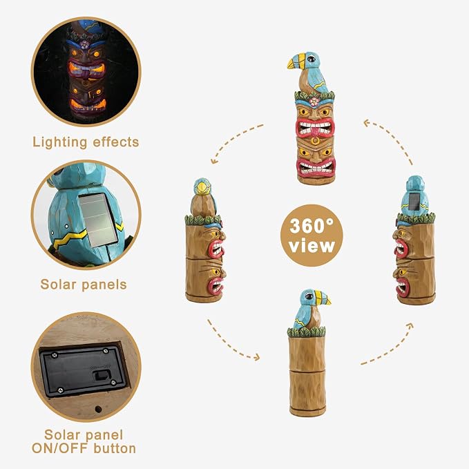 Tiki Totem Pole Solar Powered Garden Statue Decor- Tiki Decorations for Tiki Bar Outdoor Patio Balcony Lawn Yard Backyard
