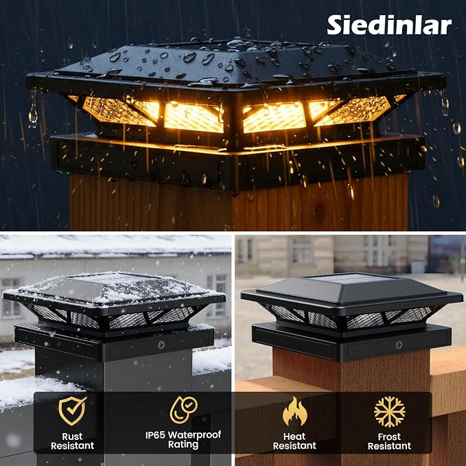 SIEDiNLAR Solar Post Cap Light 2 Modes 1 Pack, 3.5x3.5 4x4 4.5x4.5 5x5 Wooden/Vinyl Posts, Waterproof Outdoor Lighting for Fence Deck Patio Garden Decor, White/Warm (Black)