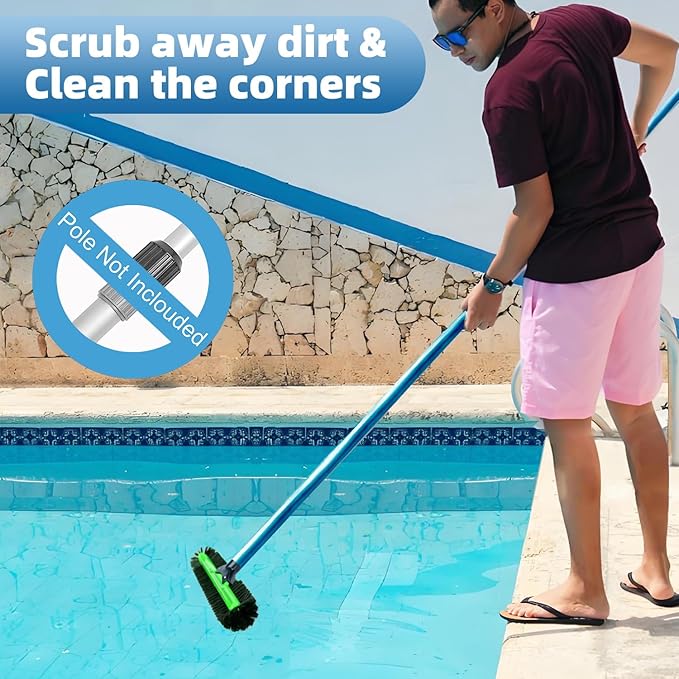 20" Wide Pool Brush Head, Heavy Duty Pool Scrub Brush with 12-Rows Soft Bristles, Inground/Above Ground Pool Brushes with Curved Ends, Clean Pool Wall, Floor, Step, Corner Faster, Safe for Vinyl Liner