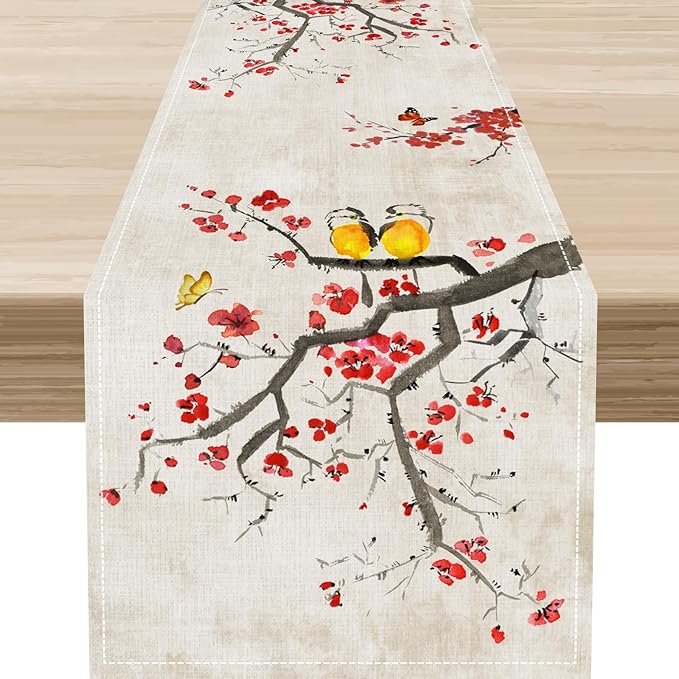 Chinese Birds Table Runner, Rustic Plum Blossom Floral Butterfly Japanese Red Flower Coffee Table Center Decor for Family Kitchen and Dining Living Room Farmhouse Party Table Decorations, 13"x108"