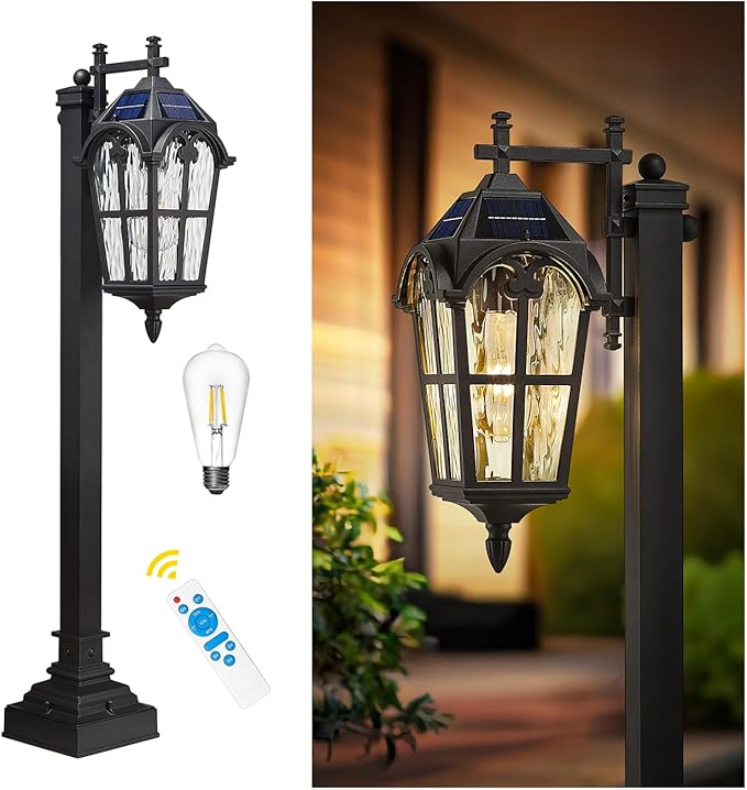 Emliviar Solar Pathway Light Outdoor, Garden Landscape Lighting Waterproof, 2700K LED Post Lamp with Remote Control, Black Pole Lantern with Water Ripple Glass, XE307PL-SL BK
