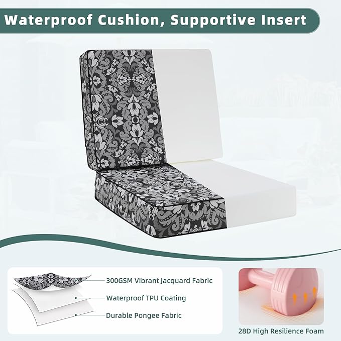 Favoyard Deep Seat Patio Cushion 19 x 19 x 3 in Waterproof Seat & Back Cushion Set with Color Fade Resisitant Pattern, Portable Handle, Attach Straps, Zipper on Removable Cover for Outdoor Furniture