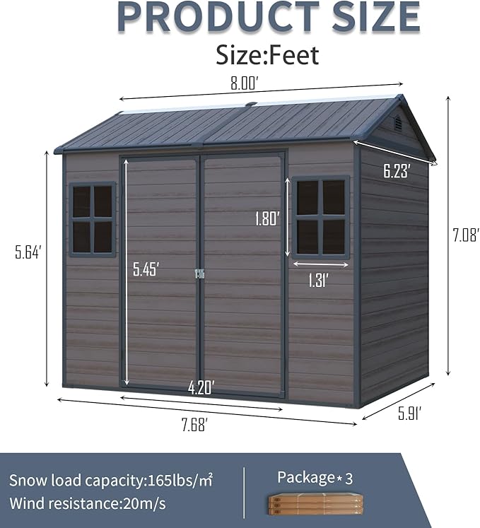 YOPTO 8x6 Ft Resin Outdoor Storage Shed Weather Resistant with Floor,Outdoor Resin Storage Shed W/ 2 Windows,Garden Tool House W/Lockable Door,Pitched Roof & 2 Air Vents,for Backyard,Patio,Lawn,Brown