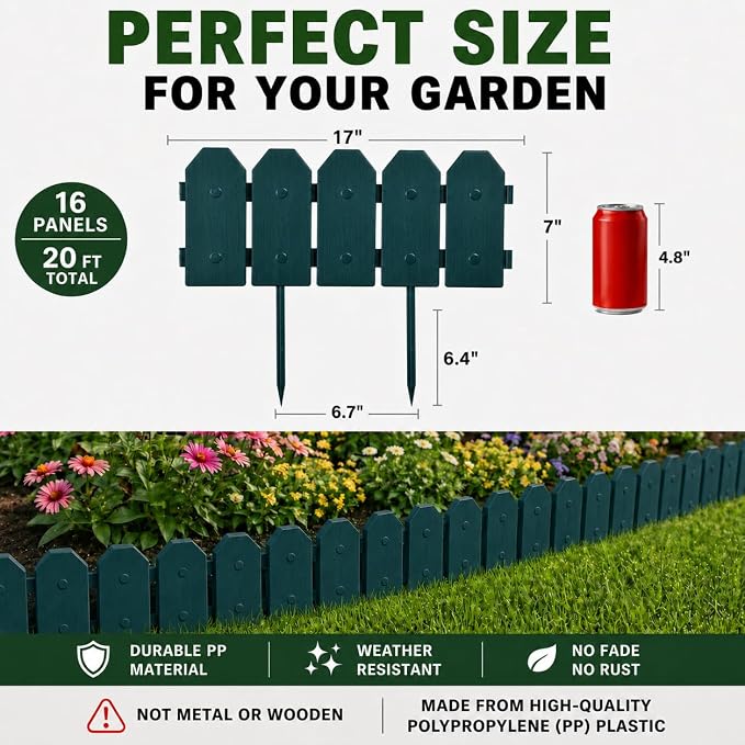 Evelyne Garden Border Edging: Wooden Grain Fence Dog Ear Design - Landscaping Fence Liner Lawn Edge Barrier - Decorative Lawn Landscape Panels Elements -Landscaping Edging (Green, 20ft.)