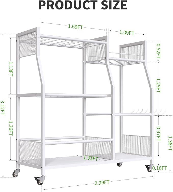 HOTEAGLE Yard Tool Organizer for Garage 35.4" Width High Stability Outdoor Metal Utility Rolling Cart with Mute Wheels, 18.5mm Thick Rods Ideal Garden Tool Rack, Easy to Clean,White