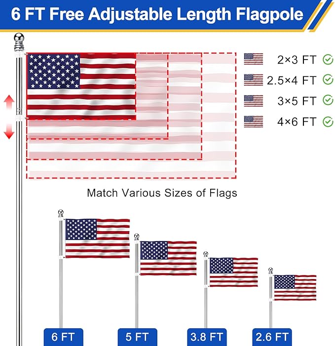 Flag Pole for Outside House, Heavy Duty Metal Flagpole for Residential, Outdoor or Porch, Stainless Steel Flag Poles, Upgraded Tangle Free Design, 1 Inch (6 FT, Sliver)