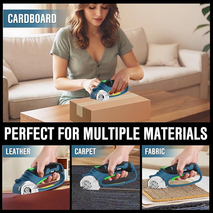 Cordless Electric Scissors 4V Rechargeable Cardboard Cutter with 4 SK5 Blades, 2000mAh Battery, LED Light, Electric Box Cutter 1/3” Cutting Capacity Power Cutter for Fabric Carpet Leather - Blue