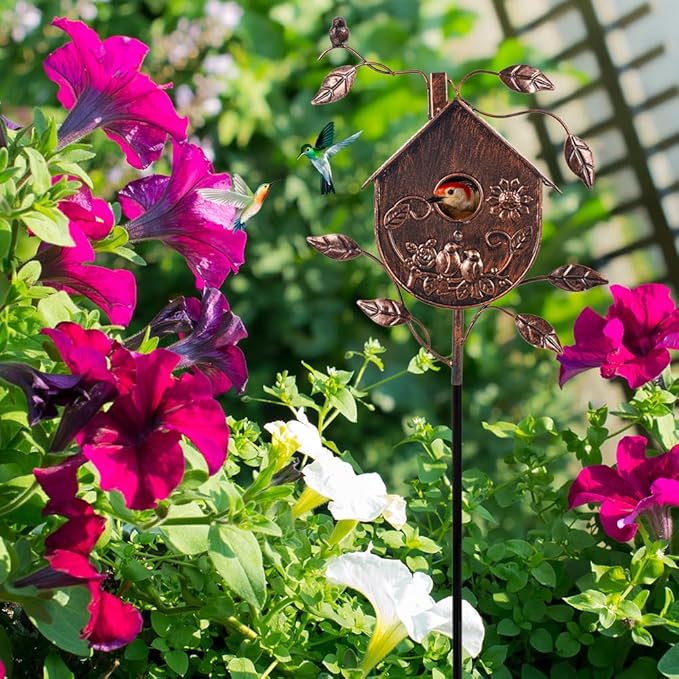 DREAMSOUL 48" Bronze Bird Houses for Outside Decorative Metal Birdhouse, Vintage Bird House Pole with 1.6" Entrance Hole for Patio, Yard, Garden