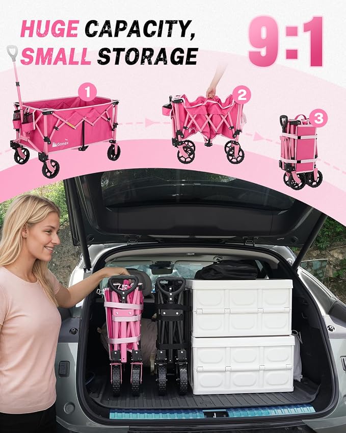 Gonex 38''L Collapsible Foldable Wagon Cart with 360lbs Weight Capacity,220L Folding Utility Garden Cart with Detachable Wheels for Grocery Sports Shopping Camping - Pink