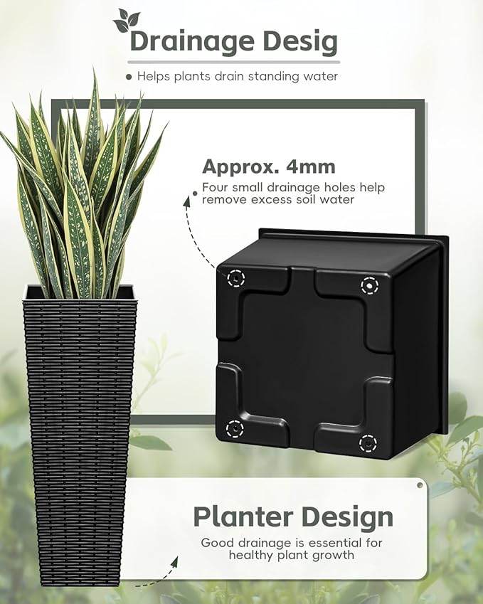 24 Inch Tall Plastic Planters (Set of 2), Detachable Inner Pot & Drainage Holes, Outdoor Decorative Flower Pots for Large Plants, Trees, Patio, and Garden, Black