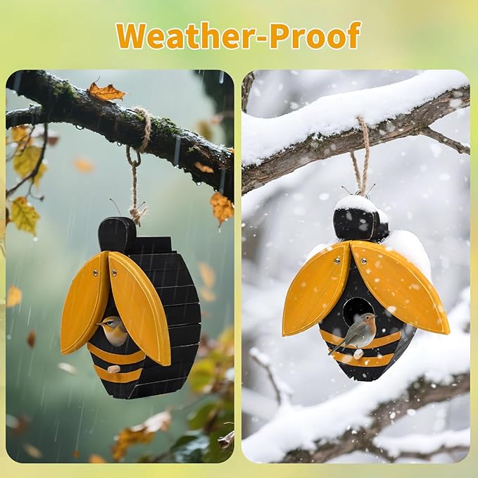 NATUREYLWL Bird Houses for Outside, Bee-Shaped Birdhouse Attracts Wild Birds (Bluebirds, Finches, Cardinals), Durable Wood Bird House with 4 cm Entrance Hole,Unique Garden Decor,Weather-Resistant