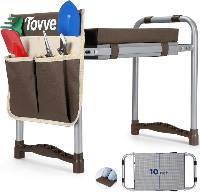 Tovve Foldable Garden Kneeler and Seat, Heavy Duty Garden Stool with 10" Wide Detachable Kneeling Pad, Portable Garden Bench Chair with Large Garden Tool Bag, Gardening Gifts for Women, Seniors, Mom
