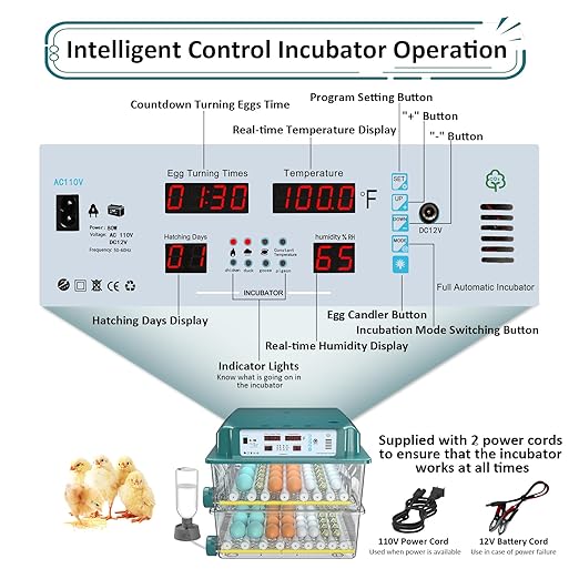 Incubators for Hatching Eggs 120, Chicken Egg Incubator with Automatic Egg Turning and Humidity Display, Temperature Control with 5 Automatic Incubation Modes, Incubation Day Counter