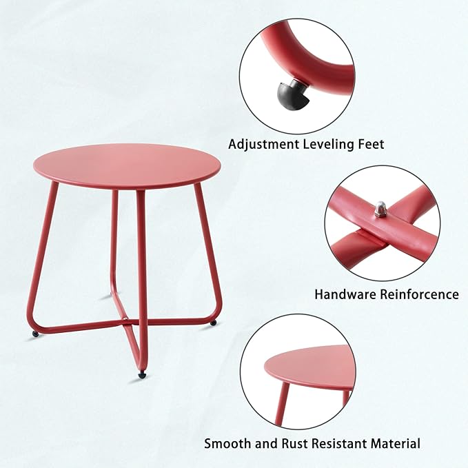 Meluvici Patio Small Side Table Waterproof Round Metal Steel Weather Resistant Portable Outdoor and Indoor End Table for Garden Balcony Yard, Red