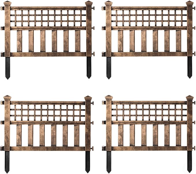 Plastic Outdoor Decor Garden Flower Edger Fence, Border, Set of 4 Panels, Bronze