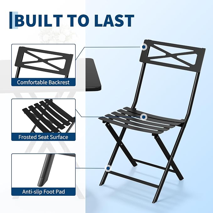 GarveeTech 3-Piece Folding Bistro Set, Heavy Duty Outdoor Patio Furniture with 2 Chairs & 1 Table, Weather-Resistant Steel Frame, No Assembly Required for Garden, Yard, Balcony,Black