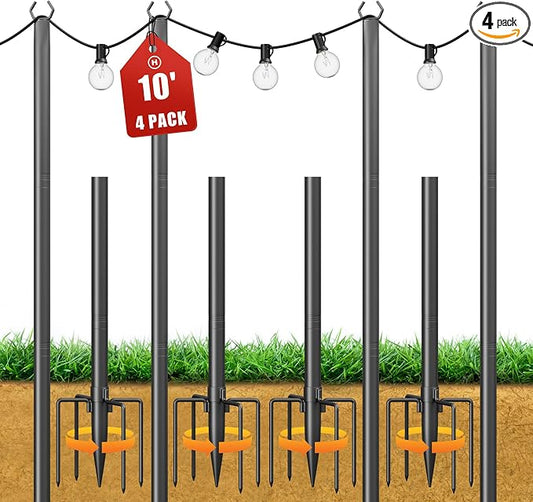 Jusgym String Light Poles for Outside, 10ft Adjustable Metal Poles for Outdoor String Lights Hanging Light, Outdoor Light Poles with Fork, for Patio, Deck, Backyard, Garden (4 Pack)