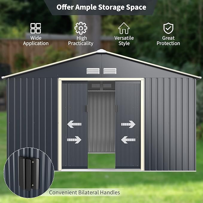 Goplus Storage Shed, Metal 11' X 8' Outdoor Building Organizer with 4 Vents & Double Sliding Door for Garden Backyard Farm (11'X8')