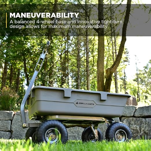 Gorilla Carts Heavy-Duty Poly Dump Cart, 5 Cu Ft Tub, 800 lb Haul Capacity, Gray – Towable Utility Wagon with Quick-Release Dumping & Pneumatic Tires for Yard, Landscaping and Gardening