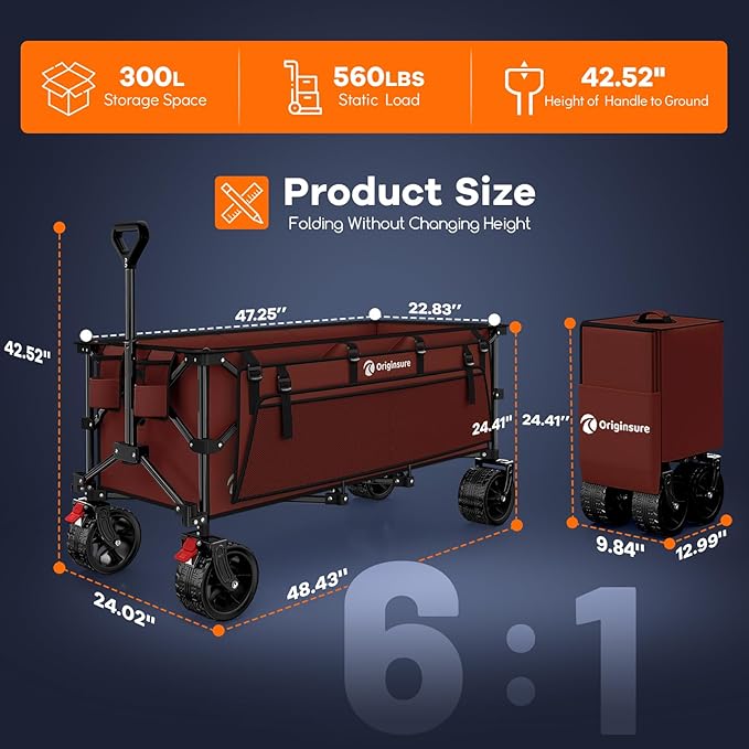 Originsure 48" L Collapsible Wagon Cart Foldable, 560lbs Weight Capacity 300L Heavy Duty Folding Beach Wagons with Big All-Terrain Wheels, Utility Carts for Groceries, Shopping, Camping, Sports-red