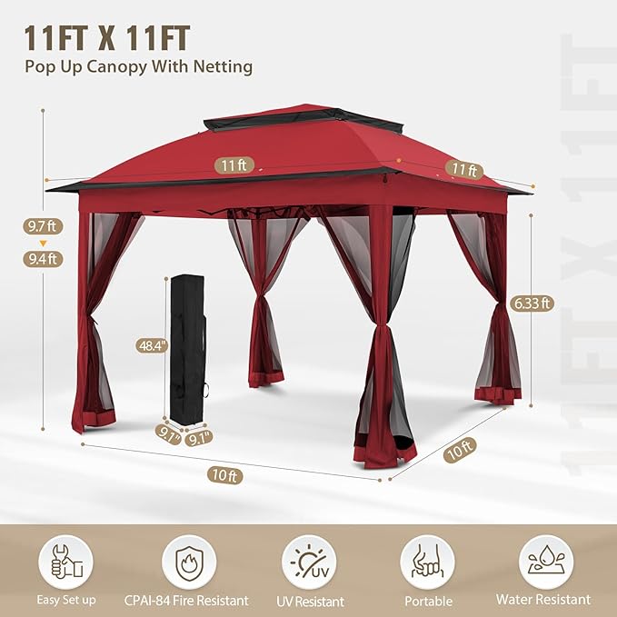 COOS BAY Pop up Gazebo 11x11, Instant Canopy Tent with Mesh Netting, Patio Gazebo with 121 Square Feet of Shade, 4 Weight Bags Included, Red
