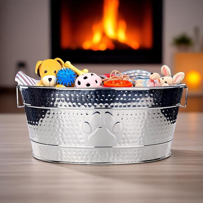BREKX 25-Quart Tub for Firewood Storage Rack Log Holder - Heavy-Duty Portable Galvanized Tub with Handles for Indoor/Outdoor (Silver)