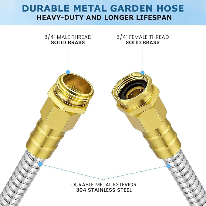 Short Stainless Steel Metal Garden Hose 5 ft, 3/4" Female to Male Solid Brass Connector, Small Leader Hose for Hose Reel, Durable, Flexible, Lightweight, Outdoor Water Hose Extension Adapter