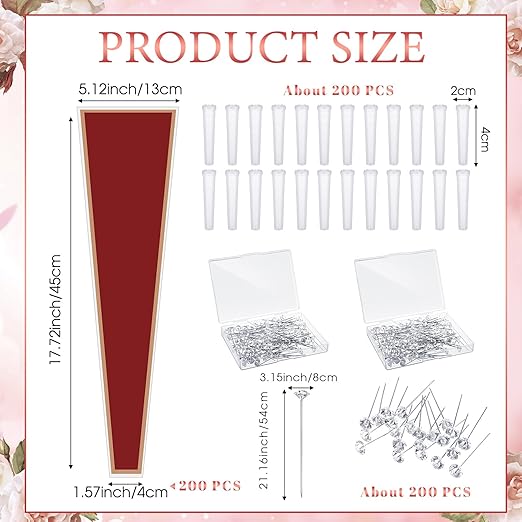 Outus Flower Bouquet Accessories 200 Pcs Single Rose Sleeves with 200 Floral Water Tubes and 200 Crystal Diamond Head Bouquet Pins for Valentine's Day Mother's Days Supplies Graduation(Red)