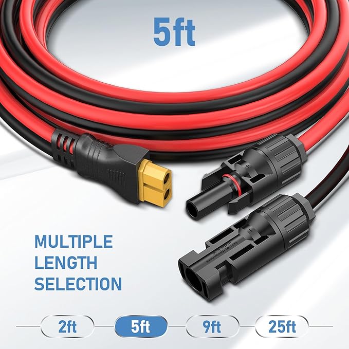 Solar to XT60 Connector Cable (12AWG 5ft) - Charging Wire for Solar Panel, Ecoflow Generator, Portable Power Station - Injection Molding Adapter Extension Cord
