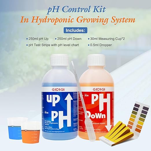 Hydroponics pH Up Down Solution pH Control Kit,pH Adjuster for Hydroponic, Aquaponic, Balance Nutrient Solution, Include pH Test Strips(8.45oz/250ml)