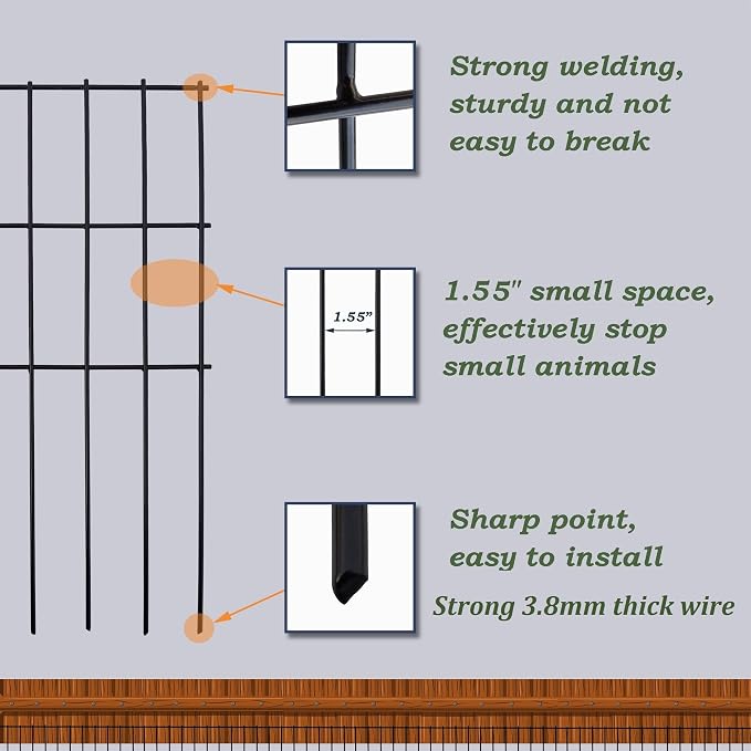 Black Animal Barrier Fence 16.5 in (H) X 10.4 ft (L) with 1.55 Inch Spike Spacing, Anti Digging Garden Under Fence Dog Barrier