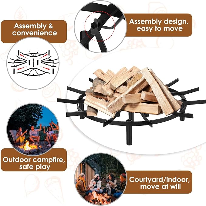 24" Round Fire Pit Grate - 8-Leg Design with 12 Bars, Reinforced Rim & High-Temp Powder Coat for Ultimate Stability & Safety - Ideal for Fireplace, Hearth, Wood Stove and Outdoor Campfire