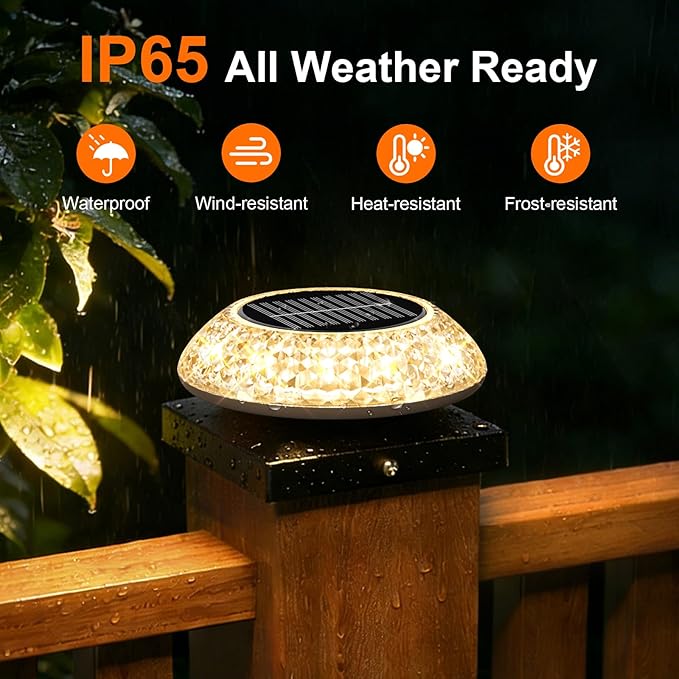 Solar Post Cap Lights 8 Pack: Fence Post Solar Lights with 3 Lighting Modes & Round Lampshade for 3.5x3.5,4x4,Wood & Vinyl Posts - Waterproof Outdoor Deck Post Light for Garden/Patio