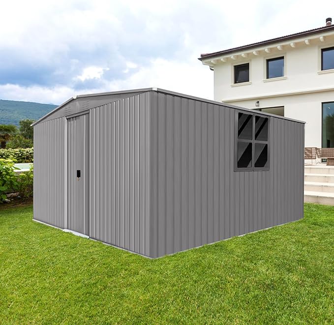 YOPTO 12x14 FT Sheds & Outdoor Storage,Metal Waterproof Firewood Shed with 2 Integrated Punched Vents,2-in-1Heavy-Duty Garden Tool House w/Window & Door,Shelter for Wood,Bicycles,Grey