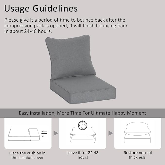 COZYVIDA Outdoor Deep Seat Cushion Set of 2, 22"x24" Seat & 23"x19" Back, C0 Water-Resistant Breathable Fabric, UV-Resistant 1000+ Hrs, 30D Foam with Recycled Fiber Fill,Light Grey