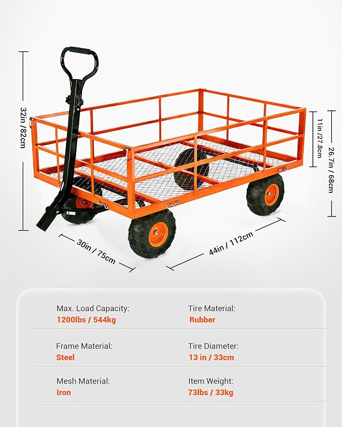 Garvee Steel Garden Cart, 1200 LBS Capacity Utility Outdoor Wagon, Heavy Duty Mesh Garden Wagon with Removable Sides, 2-in-1 Handle, 13" Tires for Yard, Lawn, Garden