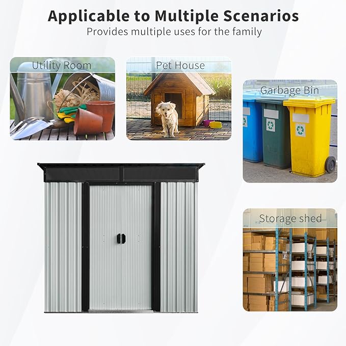 6FT x 5FT Outdoor Storage Shed, Heavy Duty Galvanized Steel Garden Shed with Sloped Roof, Sliding Lockable Doors, Punched Vents & Foundation Kit, Weather Resistant Tool Shed for Backyard, White+Black