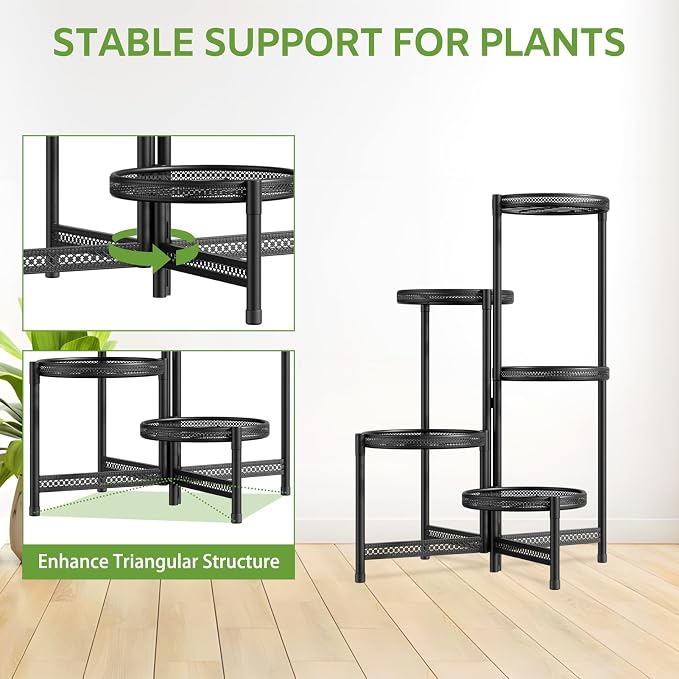iDavosic.ly Metal Plant Stand for Indoor Outdoor Set of 2, 5 Tier Large Foldable Iron Carving Flower Pot Holder Shelf and 3 Layer Tall Vertical Display Rack for Patio Porch Living Room Garden, Black