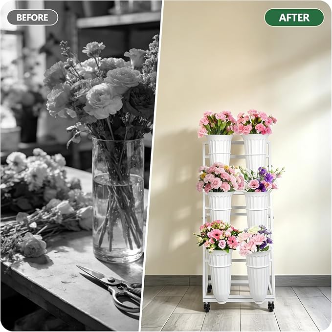 3FT Flower Display Stand with 6 Buckets,Metal Flower Bar Stand with Wheels,3 Layers Moving Florist Bouquet Shelf for Indoor Outdoor Garden,Flower Shop,Wedding,Party Decor (WHITE)