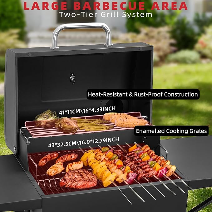 Kendane Charcoal Grill with Side Shelf, 353 Sq.Inch Cooking Area,Large Smoker Barbecue Grill with Warming Rack,Outdoor BBQ Grill with Charcoal Tray for Yard, Camping, Picnic