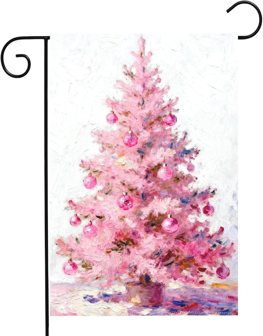 Christmas Garden Flag 12x18 Inch Pastel Pink Xmas Tree Ball Winter Holiday Decorative Yard Flags for Outside Double Sided Seasonal Outdoor Home Farmhouse Decoration Porch New Year Decor