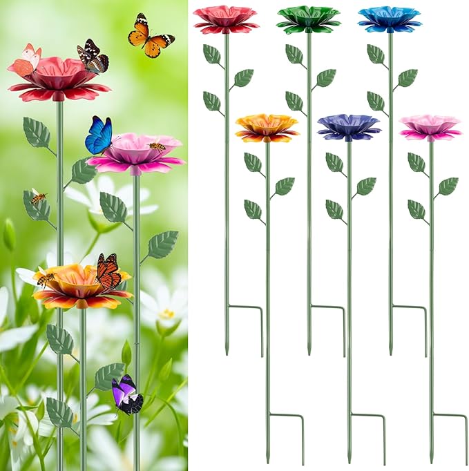6 Pack Bee Watering Station, Bee Feeder for Garden Metal Butterfly Water Feeder with Flower Design Colorful Butterfly Bee Bath Bowl for Outdoor Garden Yard